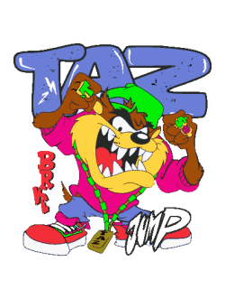 Taz con gorra, cadenas doradas, y actitud de "YOOO!!