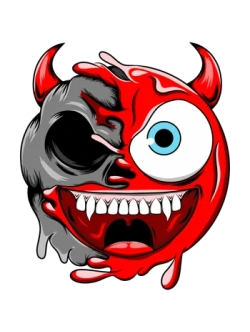 Emoticono rojo de diablo con cuernos y colmillos revelando una calavera lateral.