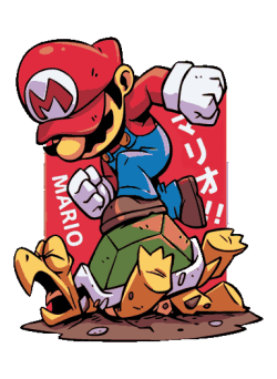 Mario saltando sobre un Koopa Troopa con fondo rojo y letras japonesas.