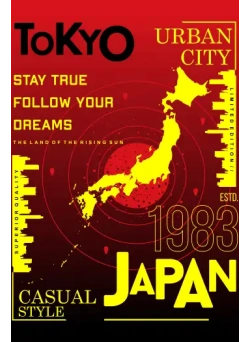 Vector de Tokio con mapa de Japón, texto '1983' y 'Stay True Follow Your Dreams', estilo urbano