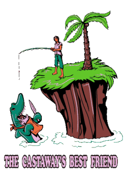Vector de hombre pescando en isla desierta, cocodrilo muerde la caña con conejo, texto 'THE CASTAWAY'S BEST FRIEND'