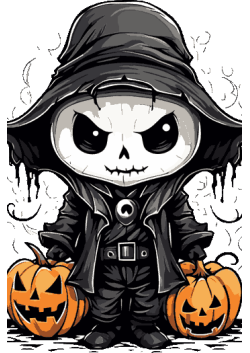 "Vector de esqueleto con sombrero de bruja y capa, sosteniendo dos calabazas, estilo chibi