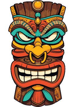 Una máscara tribal feroz y detallada con colores vibrantes, colmillos prominentes y mirada intimidante
