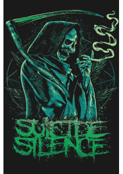 Diseño vectorial de la Parca con guadaña en tonos verdes, texto 'SUICIDE SILENCE' y humo, estilo gótico