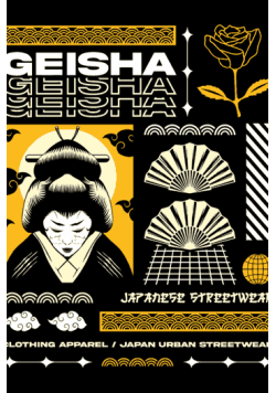 Vector de una geisha japonesa con patrones tradicionales de olas y tipografía moderna en tonos amarillo y negro.