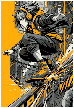 Diseño vectorial de personaje anime haciendo acrobacias en patineta con sudadera y audífonos.