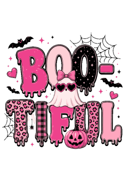 Ilustración vectorial de texto Boo-tiful con fantasma rosado, lentes de corazón y calabaza.