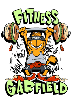 Ilustración vectorial humorística de Garfield haciendo ejercicio levantando barra de hamburguesas.