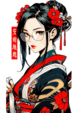 Ilustración de chica anime con kimono japonés, flores rojas y gafas para estampado textil.