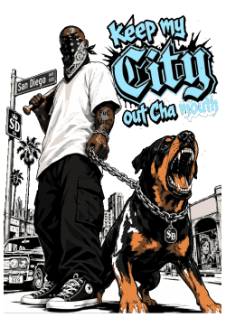 Diseños vectoriales de sujeto urbano con bate de béisbol y perro Rottweiler con la frase Keep My City Out Cha Mouth.