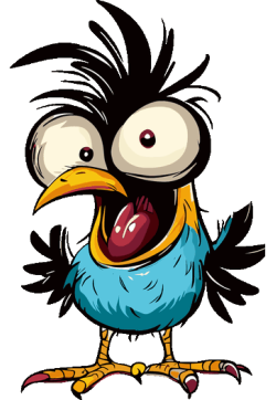 Diseño gráfico de un pájaro azul caricaturesco con ojos enormes desorbitados y expresión de locura divertida.