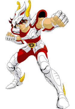 Ilustración vectorial clásica de Seiya de Pegaso en pose de ataque con armadura blanca y roja de Saint Seiya.