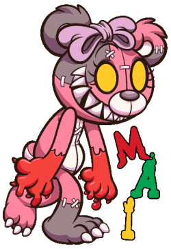 Vector de muñeca oscura cosida con parches, ojos amarillos, mano roja