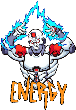 Ilustración vectorial de cyborg robot emanando rayos eléctricos con texto Energy.