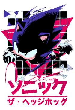Gráfico vectorial de Sonic el Erizo estilo retro de los 90 con fondo de cuadrícula rosa neón y letras japonesas.