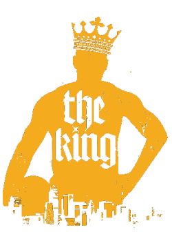 Vector silueta dorada jugador de baloncesto coronado sobre skyline con texto The King tipografía gótica