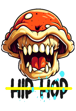 Vector de boca gigante de estilo cartoon, dientes amarillos, saliva azul, texto 'HIP HOP' en negro y amarillo