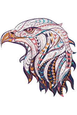 Ilustración vectorial de cabeza de águila con patrones tribales y ojos dorados, fondo negro