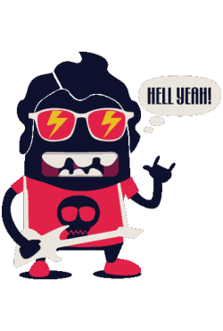 Un monstruo rockero con gafas de rayos, guitarra y diciendo “HELL YEAH!”.