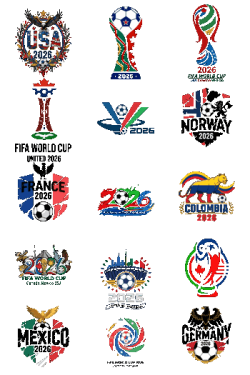 Colección de 15 logotipos y escudos de países para el Mundial de fútbol 2026 en formato vector PNG