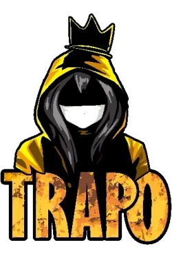 Diseño vectorial de personaje con capucha amarilla, corona y máscara, texto 'TRAPO' en dorado desgastado