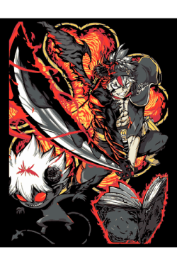 Vector anime Asta Black Clover modo demonio grimorio negro espada gigante Liebe llamas rojas doradas 