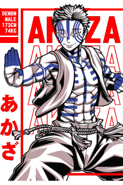 Ilustración vectorial estilo streetwear de Akaza de Demon Slayer con líneas azules, fondo rojo y letras japonesas.