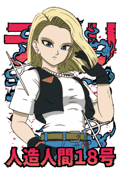 Vector anime Androide 18 Dragon Ball Z outfit icónico guante negro collar perlas efectos energía rojo azul
