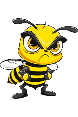 Diseño gráfico vectorial de una abeja cartoon enojada con brazos cruzados y cejas gruesas negras.
