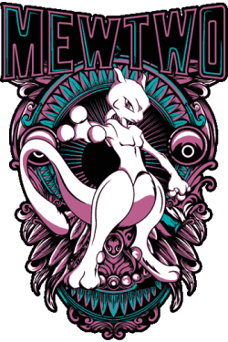 Vector Mewtwo composición ornamental simétrica tipografía rock paleta rosa morado turquesa
