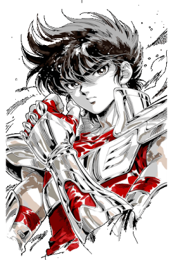 Ilustración vectorial detallada de Seiya de Pegaso de Los Caballeros del Zodiaco en pose de combate con armadura.