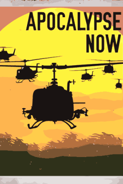 Vector del póster de la película Apocalypse Now con siluetas de helicópteros militares sobre fondo amarillo y sol poniente