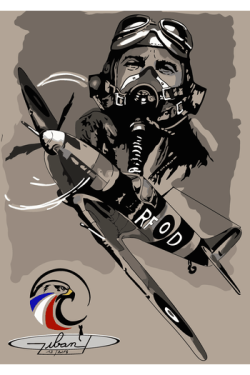 Ilustración vintage de piloto de la Segunda Guerra Mundial y avión de hélice en tonos grises para posters.