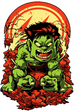 Ilustración estilo cómic de monstruo verde enojado rompiendo el piso para estampado.