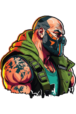 Vector de mercenario musculoso con máscara táctica y chaleco militar verde para estampado urbano.