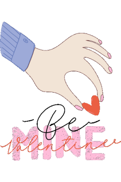 Ilustración de mano sosteniendo corazón con texto Be Mine para sudaderas de San Valentín.
