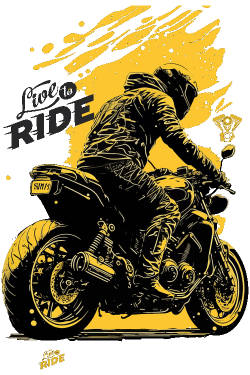 Ilustración vectorial de un motociclista en perspectiva sobre fondo amarillo splash art.