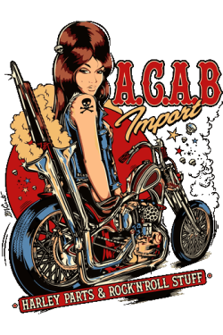 Ilustración vectorial de una mujer pin-up sobre una motocicleta chopper con tipografía de rock and roll y fondo rojo.
