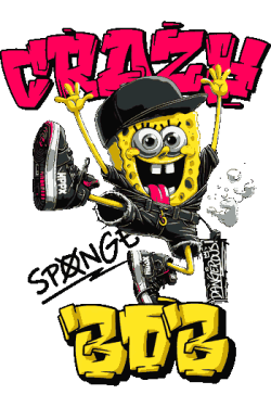 Vector de Bob Esponja estilo gangsta con gorra negra, cadena, zapatillas y micrófono, texto 'CRAZY'
