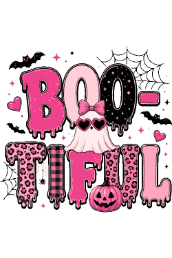 Ilustración vectorial de texto Boo-tiful con fantasma rosado, lentes de corazón y calabaza.