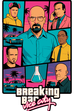 Mosaico vectorial de Breaking Bad estilo portada gamer Vice City con Walter White y Jesse Pinkman.