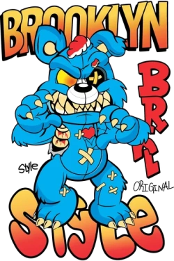 Ilustración vectorial de un oso azul enojado de estilo urbano con letras grandes que dicen 'BROOKLYN'