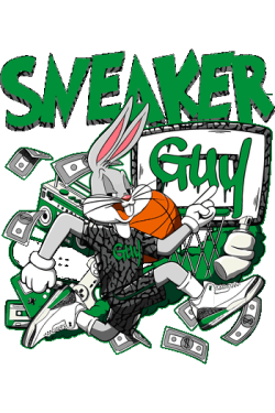 Ilustración vectorial estilo sneakerhead de Bugs Bunny con zapatillas de colección y billetes.
