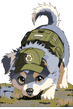 Ilustración vectorial de un tierno cachorro con gorra de reciclaje y chaleco táctico.