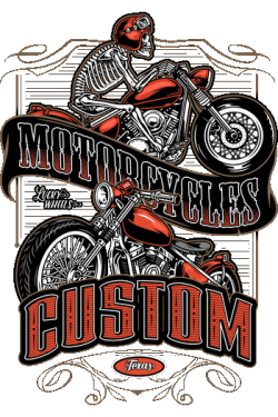 Ilustración vectorial estilo vintage de un esqueleto conduciendo una motocicleta custom con casco rojo.