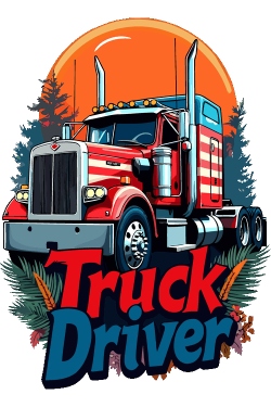 Ilustración vectorial de tractocamión americano clásico al atardecer con texto Truck Driver.