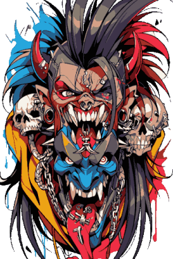 Cara demoníaca ultra agresiva con crestas multicolores, cuernos, piercings