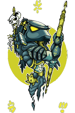 Ilustración vectorial de un cazador alienígena con máscara y lanza en estilo estilizado sobre fondo amarillo circular.