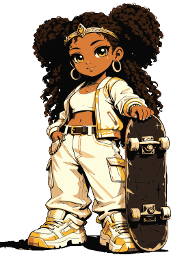 Ilustración vectorial de niña skater estilo chibi afro con patineta y ropa urbana.
