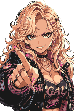 Ilustración vectorial de chica estilo Gyaru rubia con chaqueta de llamas señalando con el dedo y mirada desafiante.